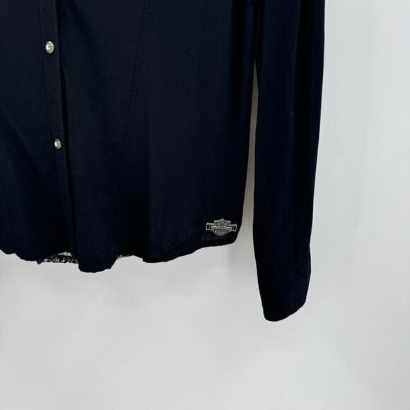 Harley Davidson Mixed Media Lace Velvet Button Top Sz M Black Rhinestone Tunic - Picture 4 of 6